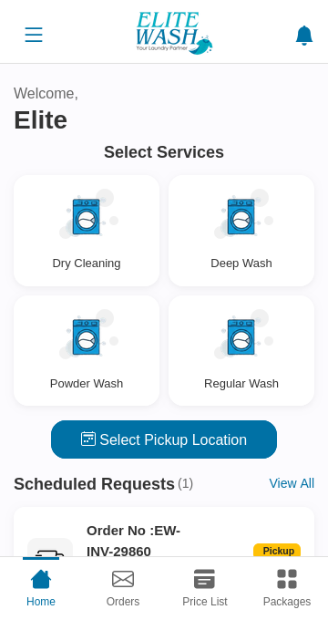 ELITE WASH dashboard with service selection