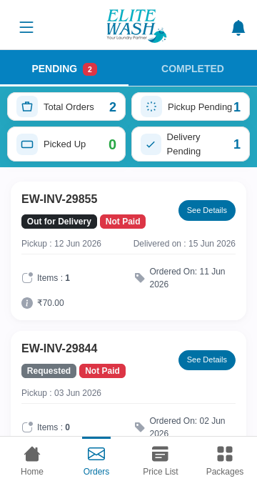 ELITE WASH orders screen showing pending and completed orders