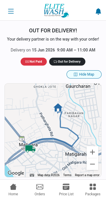 ELITE WASH delivery map and invoice
